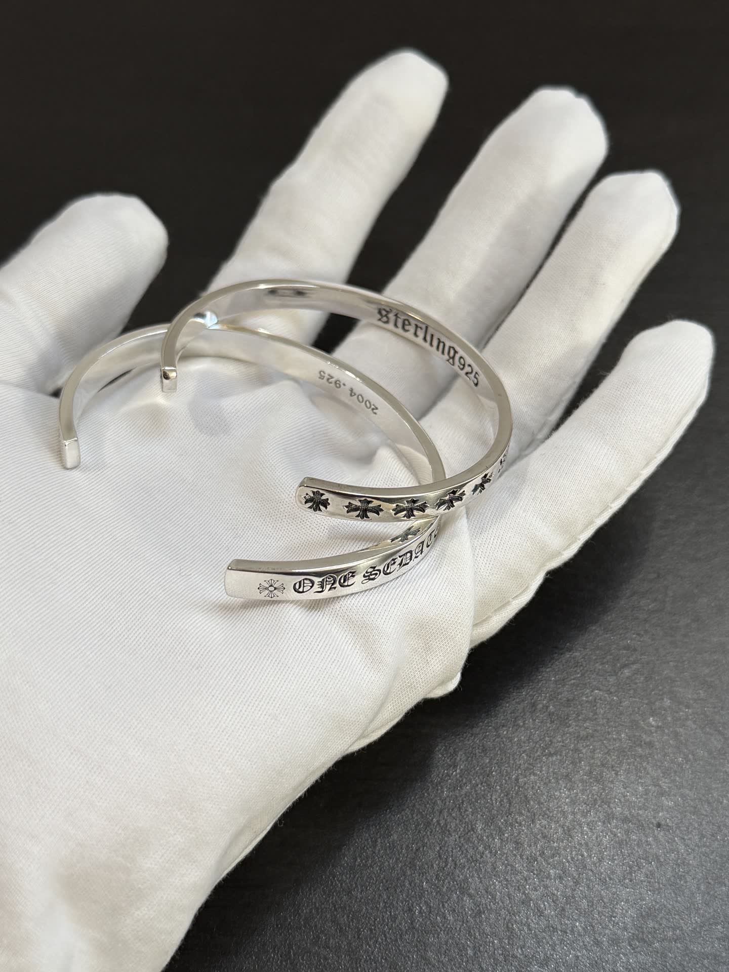 Chrome Hearts Silver Cuff Bracelets with Engraved Text